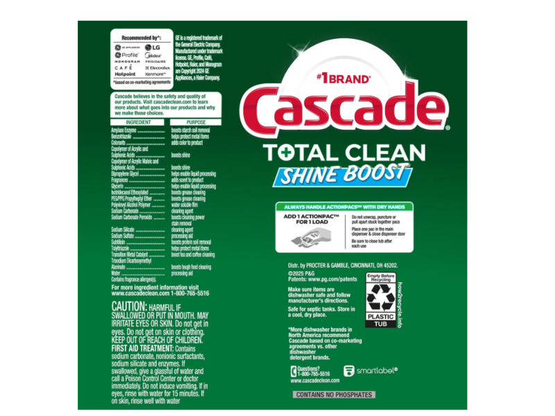 Cascade Total Clean Shine Boost Dishwasher Detergent, Fresh, 47.9 oz/1.35 kg, 103 Count