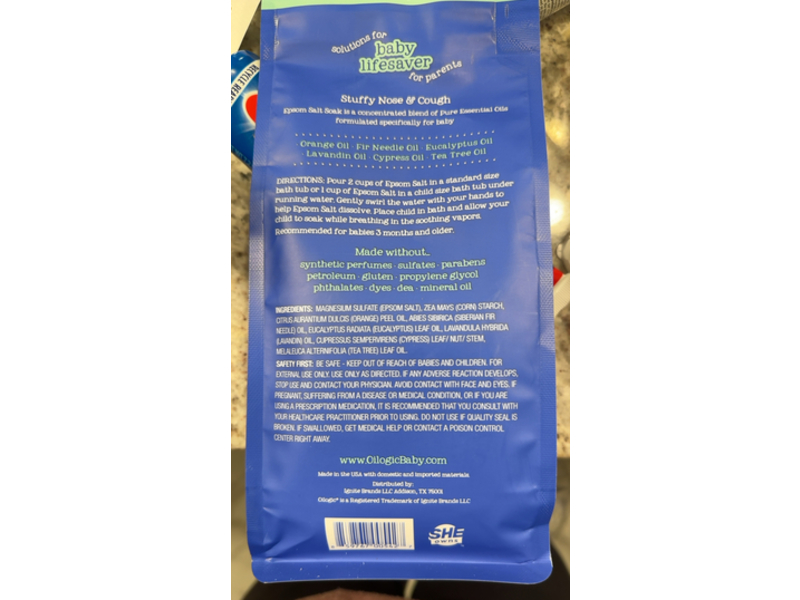 Oilogic Baby Stuffy Nose & Cough Essential Oil Epsom Salt Soak, 32 oz/2 lbs