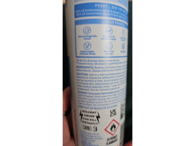 Batiste Sensitive Scalp Gentle Dry Shampoo, Fragrance Free, 200 mL