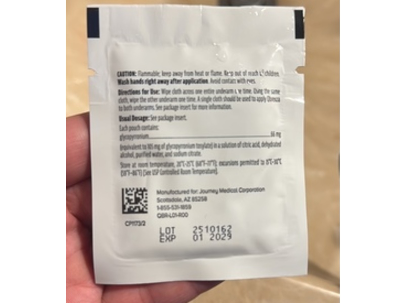 QBREXZA (glycopyrronium) cloth 2.4%, 1 pouch, Journey Medical Corporation (Rx)