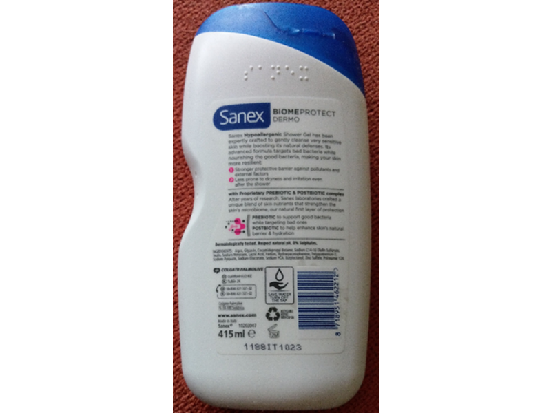 Sanex Biomeprotect Dermo 0% Sulfates, 0% Soap Shower Gel, Hypoallergenic, Very Sensitive Skin, 415 mL