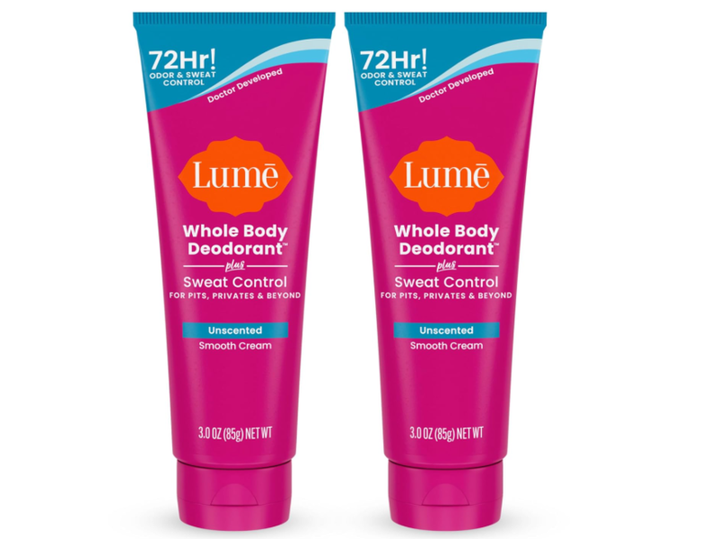 Lume Whole Body Deodorant Plus Sweat Control Smooth Cream, Unscented, 3 oz/85 g, Pack Of 2