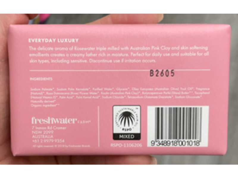 Freshwater Farm Australia Cleasing Castile Body Bar, Cleansing Rosewater + Pink Clay, 7 oz/200 g