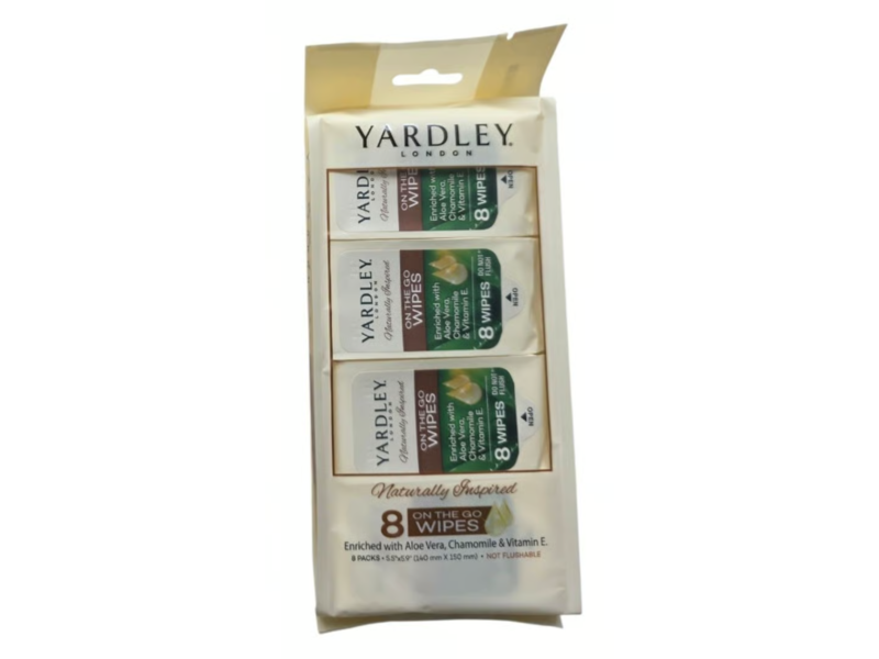 Yardley London On The Go Wipes, Chamomile, Aloe Vera & Vitamin E, 8 Count, Pack Of 8