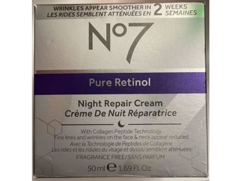 No7 Pure Retinol Night Repair Cream, Fragrance Free, 1.69 fl oz/50 mL