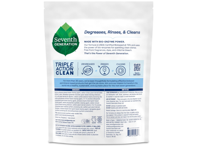 Seventh Generation Triple Action Clean Dishwasher Detergent Packs, Free & Clear, 30.2 oz/858 g, 54 Count