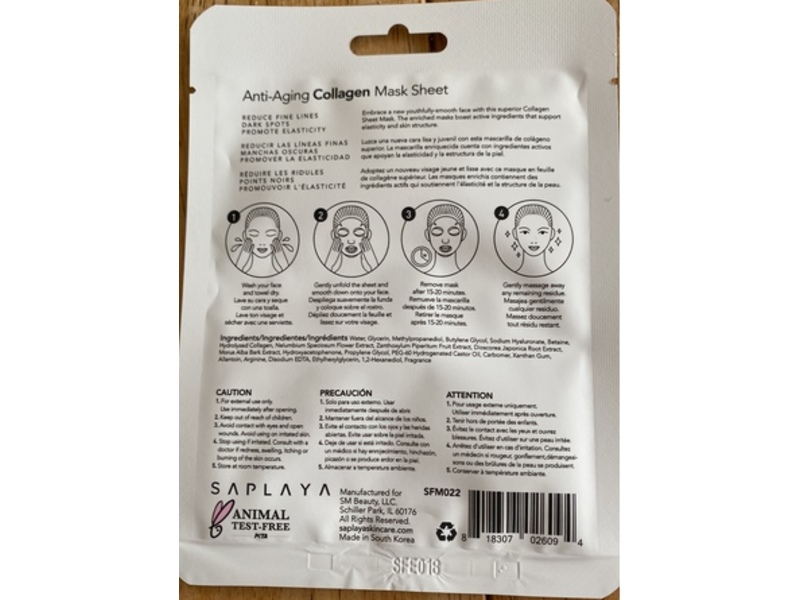 Saplaya Anti-Aging Face Mask Sheet, Collagen, 0.8 fl oz/25 mL