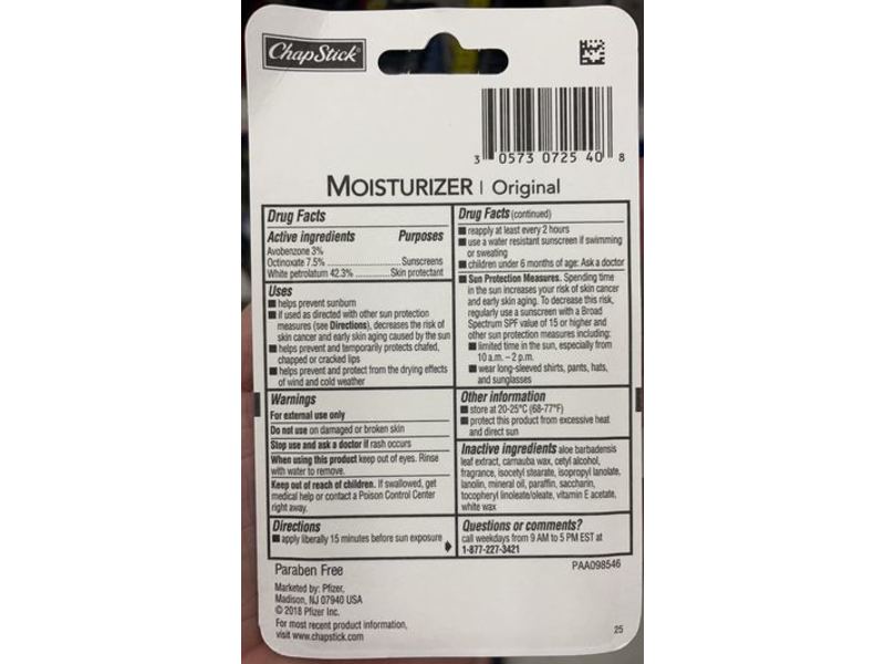 ChapStick Moisturizer 2 In 1 Lipcare, Original, SPF 15, 0.15 oz/4 g