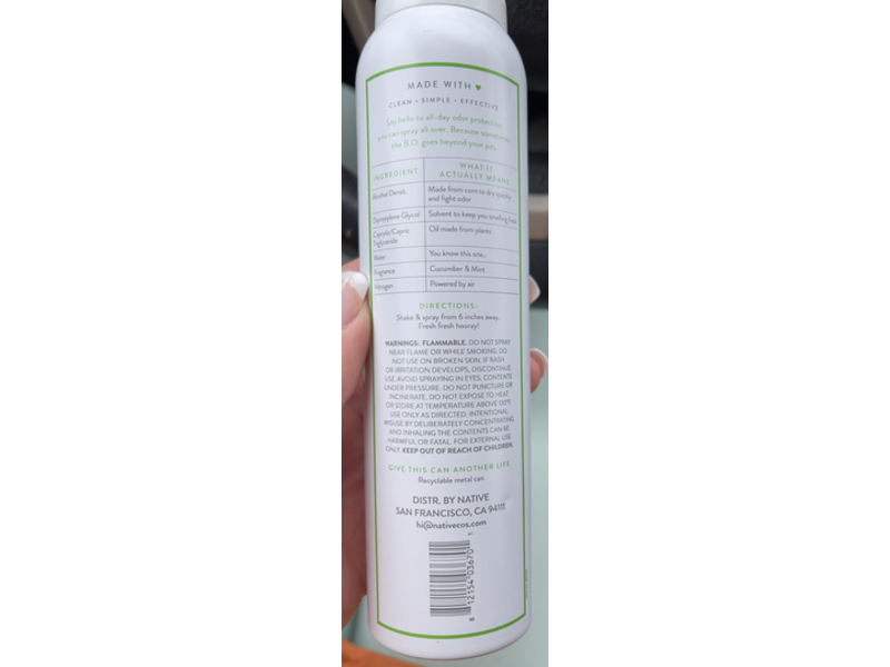 Native Deodorant & Body Spray, Cucumber & Mint, 3.5 oz/99 g