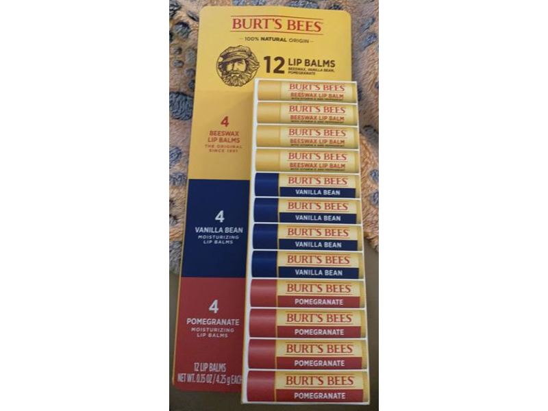 Burt's Bees The Original Moisturizing Lip Balm, Beeswax, Vanilla Bean & Pomegranate, 0.15 oz/4.25 g, Pack Of 12