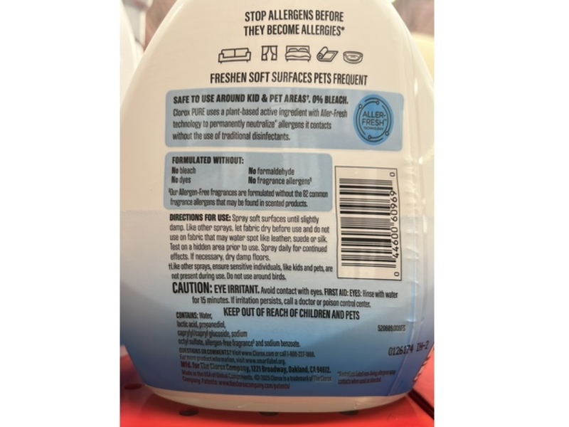 Clorox Pure Allergen Neutralizer Fabric & Carpet Spray, Fresh Scent, 26 fl oz/769 mL