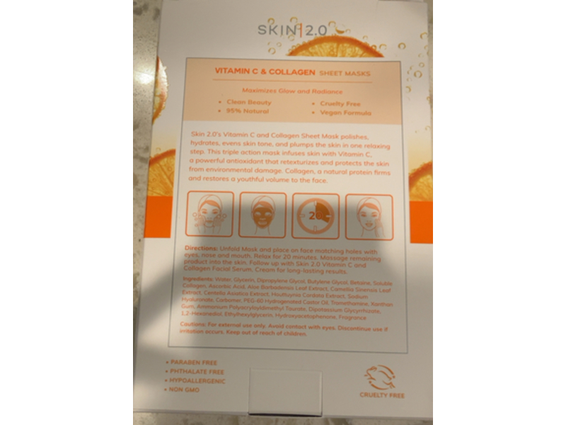 Skin 2.0 Sheet Face Mask, Vitamin C & Collagen, 3.7 oz/105 g, 5 Count