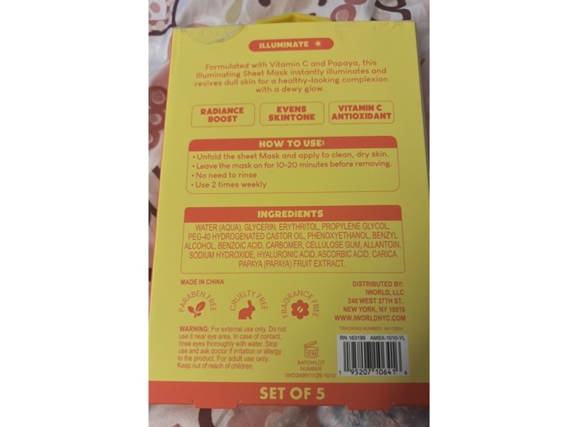 Amora Illuminate & Shine Sheet Masks, Papaya, Vitamin C, 0.8 fl oz/25 mL, Pack Of 5