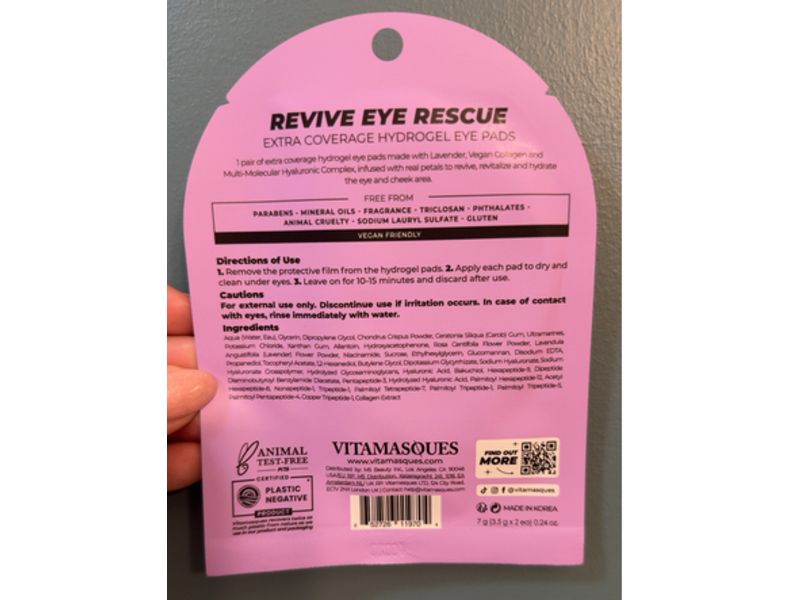 Vitamasques Extra Coverage Hydrogel Eye Pads, Lavender Petals, 0.24 oz/7 g, 1 Pair