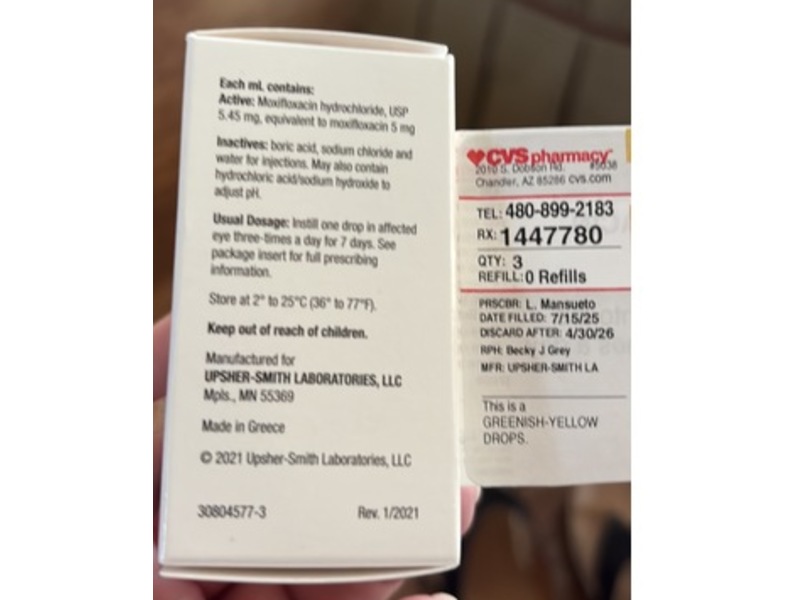 Moxifloxacin Ophthalmic Solution 0.5%, 3 mL, Upsher-Smith Laboratories (Rx)