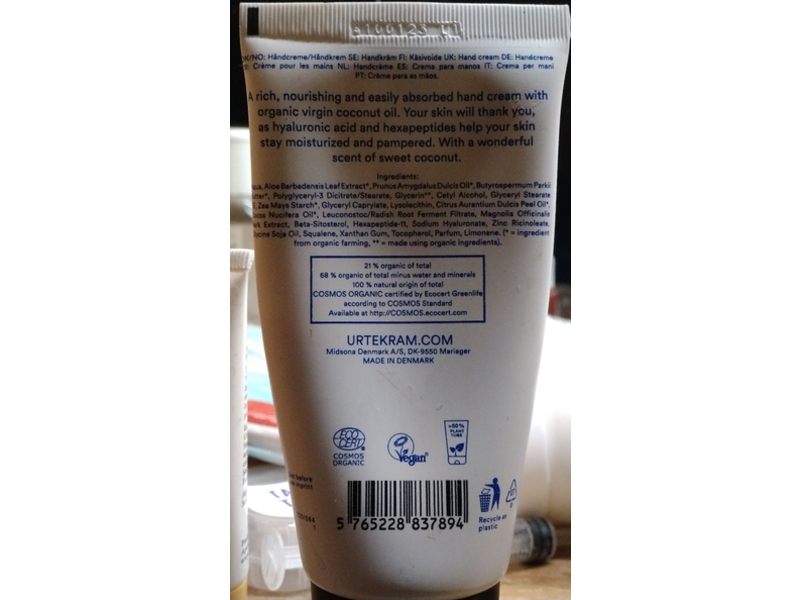 Urtekram Nourishing Hand Cream, Coconut, 2.5 fl oz/75 mL