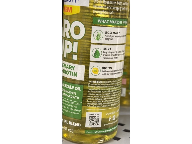 Hollywood Beauty Gro Up! Daily Hair & Scalp Oil, Rosemary, Mint & Biotin, 4 fl oz/118 mL