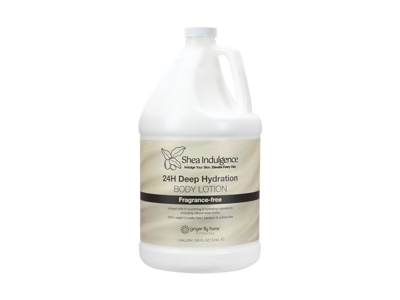 Ginger Lily Farms Shea Indulgence 24H Deep Hydration Body Lotion, Fragrance Free, 128 fl oz/3.78 L