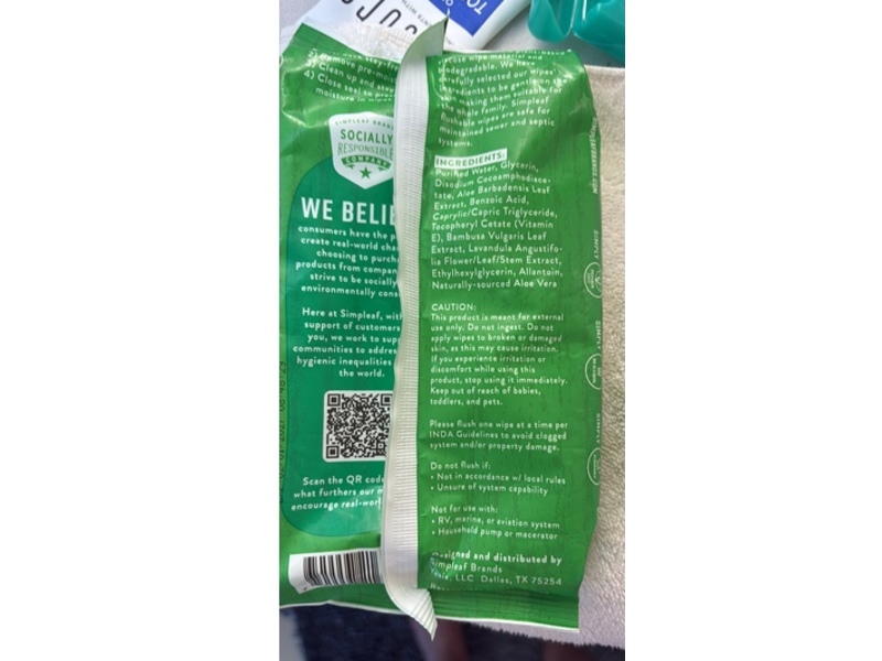 Simpleaf Soothing Flushable Wipes, Aloe Vera + Vitamin E, 50 Wipes