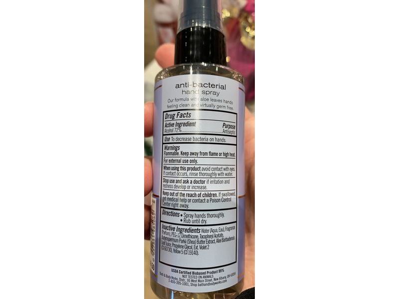 Bath & Body Works Anti-Bacterial Hand Spray, Aromatherapy, Lavender + Vanilla, 3 fl oz/88 mL