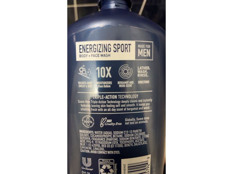 Suave Men Sport Energizing Body + Face Wash, Bergamot & Wood, 30fl oz/867 mL