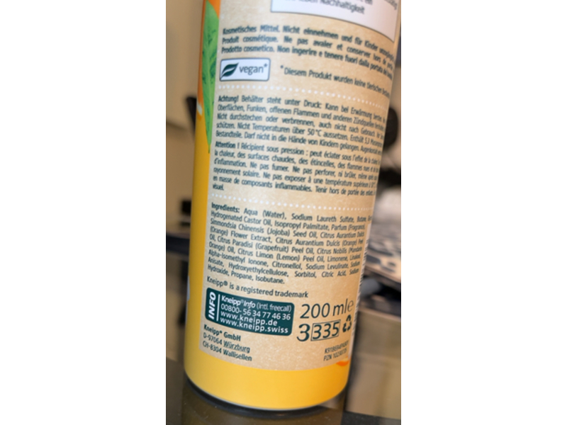 Kneipp Shower Foam, Orange & Jojoba Oil, 200 mL