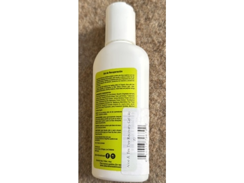 Natural Tone Organic Skincare Recovery Gel, Organic Aloe & Tea Tree Oil, 4 oz/118 mL