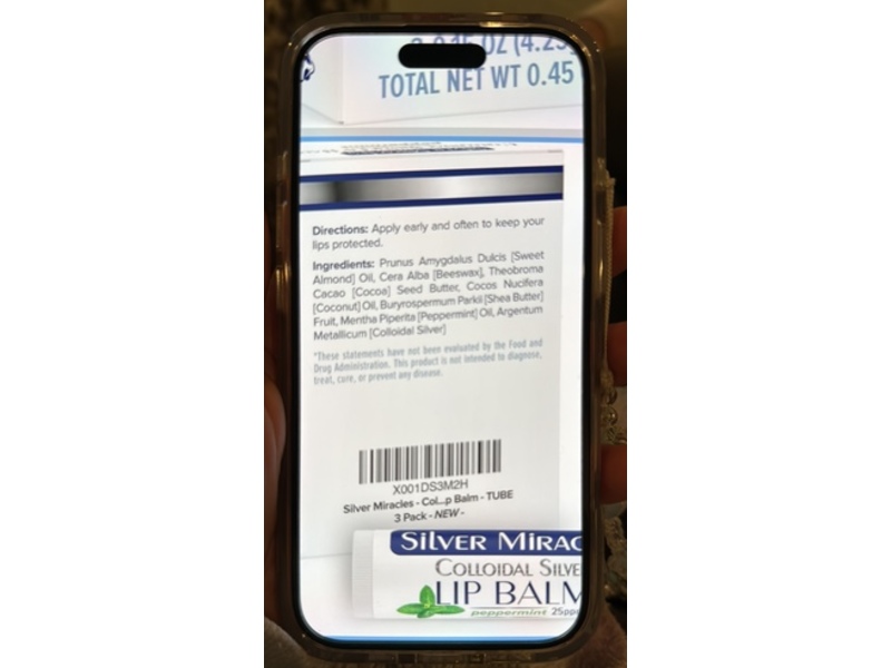 Silver Miracles Colloidal Silver Lip Balm, Peppermint, 0.15 oz/4.25 g, Pack Of 3