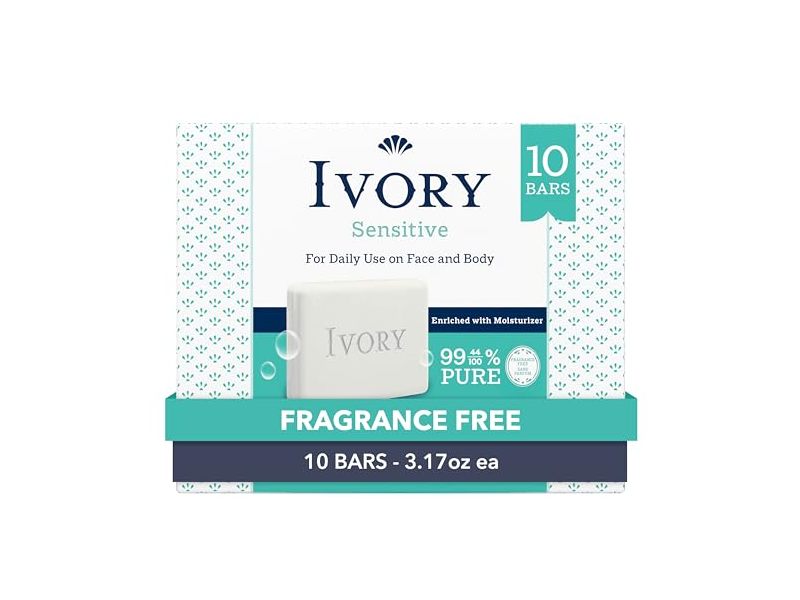 Ivory Sensitive Bar Soap, Fragrance Free, 3.7 fl oz, Count10