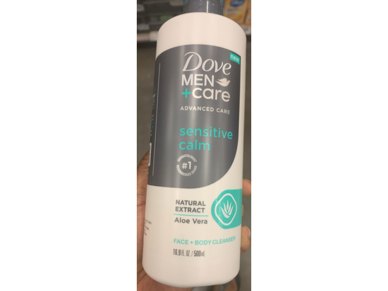 Dove Men+Care Sensitive Calm Face + Body Cleanser, Aloe Vera, 16.9 fl oz/500 mL