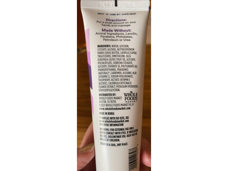 360 Whole Food Market Hand Cream, Vitamin C & E, 3 fl oz/88 mL