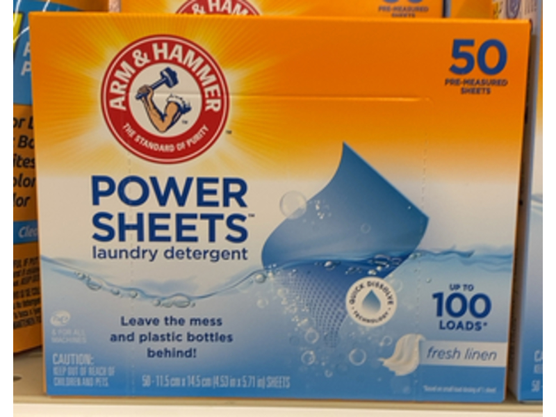 Arm & Hammer Power Sheets Laundry Detergent, Fresh Linen, 100 Loads, 50 Count