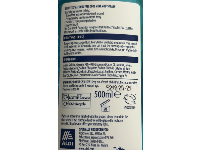 Dentitex Alcohol Free Mouthwash, Cool Mint, 500 mL
