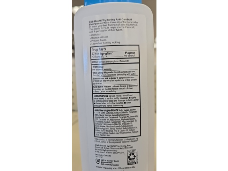 CVS Health Hydrating Anti-Dandruff Shampoo, 1% Pyrithione Zinc, Ceramides, Hyaluronic Acid & Niacinamide, 12 fl oz/355 mL