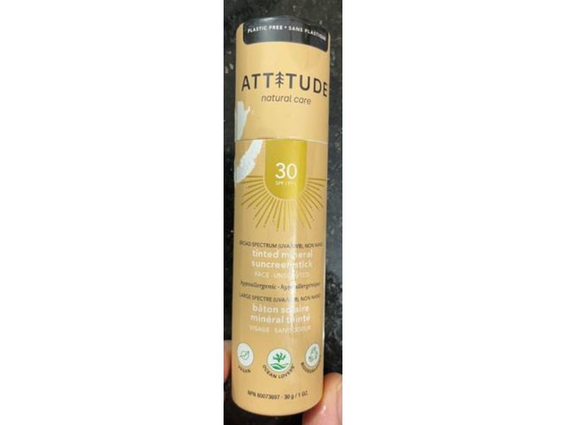 Attitude Tinted Mineral Sunscreen Face Stick, SPF 30, Unscented, 1 oz/30 g