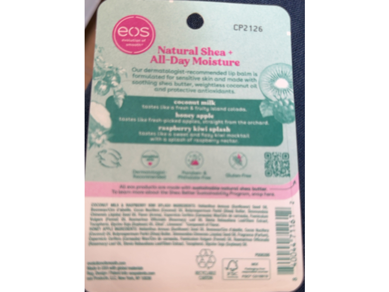 eos Natural Shea Lip Balm, Coconut Milk, Honey Apple & Raspberry Kiwi Splash, 0.14 oz/4 g, Pack Of 3