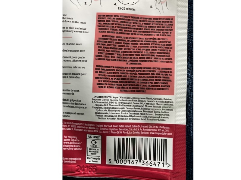 Soap & Glory Instant Hydration Sheet Mask, Pomegranate & Hyaluronic Acid, 0.6 oz/18 g