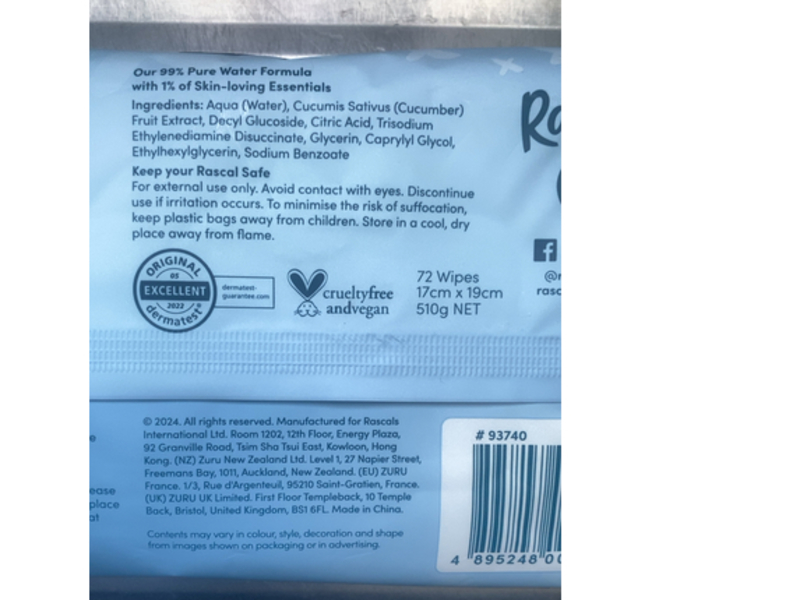 Rascals 99% Water Premium Wipes, 72 Count