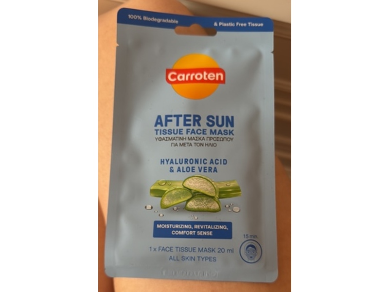 Carroten After Sun Tissue Face Mask, Hyaluronic Acid & Aloe Vera, 20 mL, 1 Count