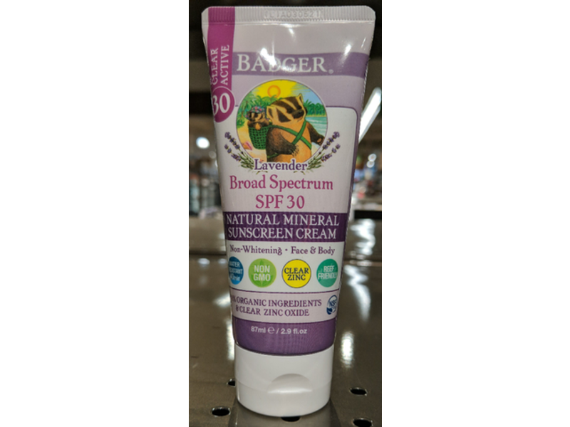 Badger Natural Mineral Sunscreen Cream, Lavender, SPF 30, 2.9 fl oz/87 ml
