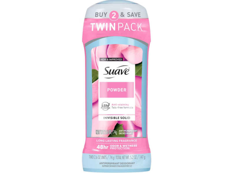 Suave Powder Anti-Staining 48-Hour Antiperspirant & Deodorant Stick, 2.6 oz/74 g, Pack Of 2