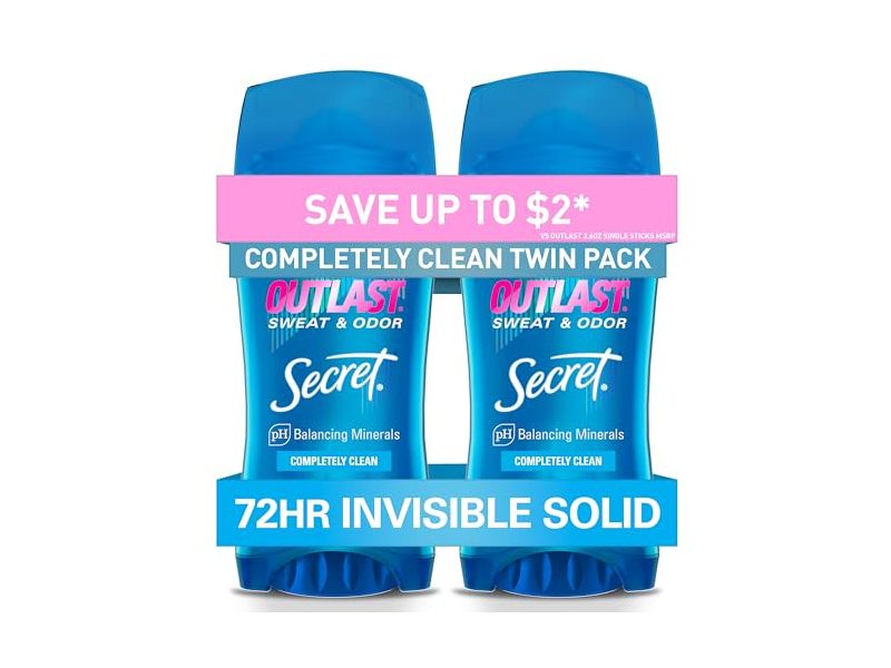 Secret Outlast Antiperspirant Deodorant, Completely Clean, 2.6 oz/73 g, Pack Of 2