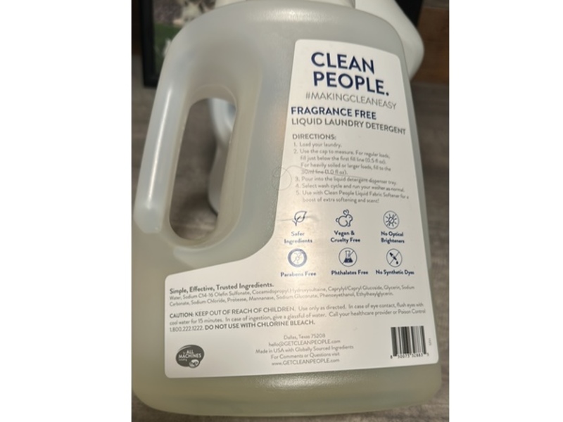 Clean People Liquid Laundry Detergent, Fragrance Free, 200 Loads, 100 fl oz/2.96 L