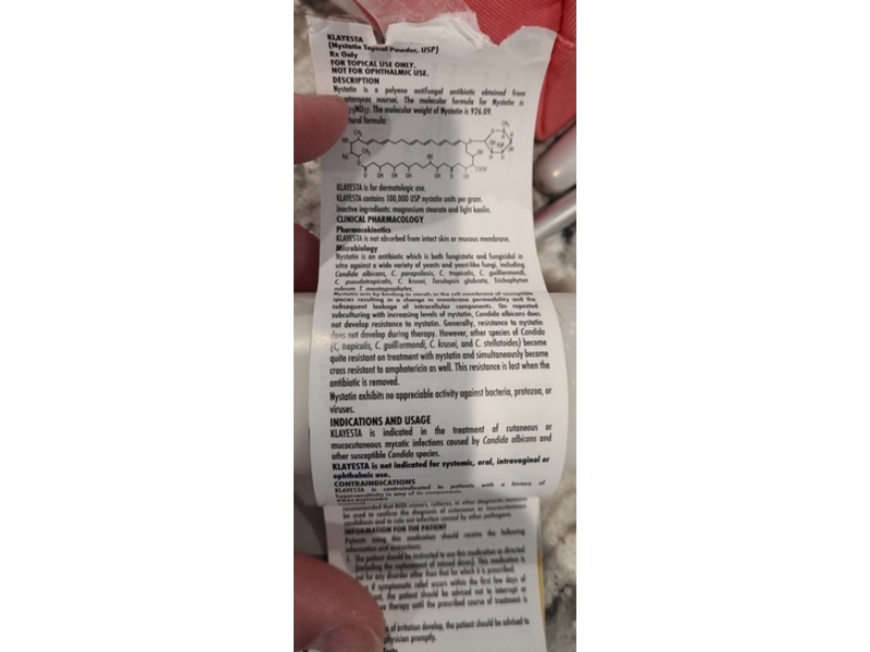 Klayesta (nystatin topical powder) 100,000 units per g, 15 g, Epic Pharma (Rx)