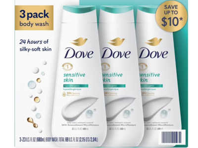 Dove Sensitive Skin Body Wash, 23 fl oz/680 mL, 3 Pack