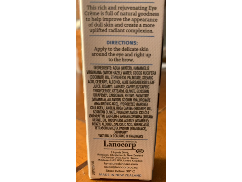 By Nature Rejuvenating Eye Creme, Coconut Oil + Hyaluronic Acid, 15 g