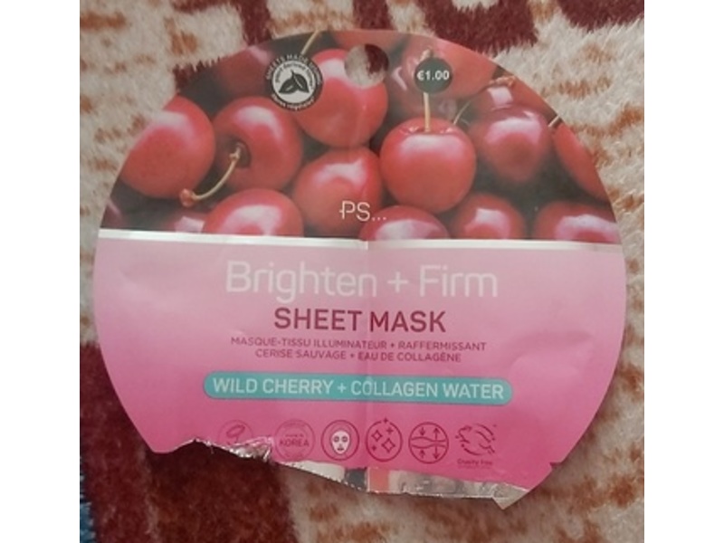 PS... Brighten + Firm Sheet Mask, Wild Cherry + Collagen Water, 0.81 oz/23 g