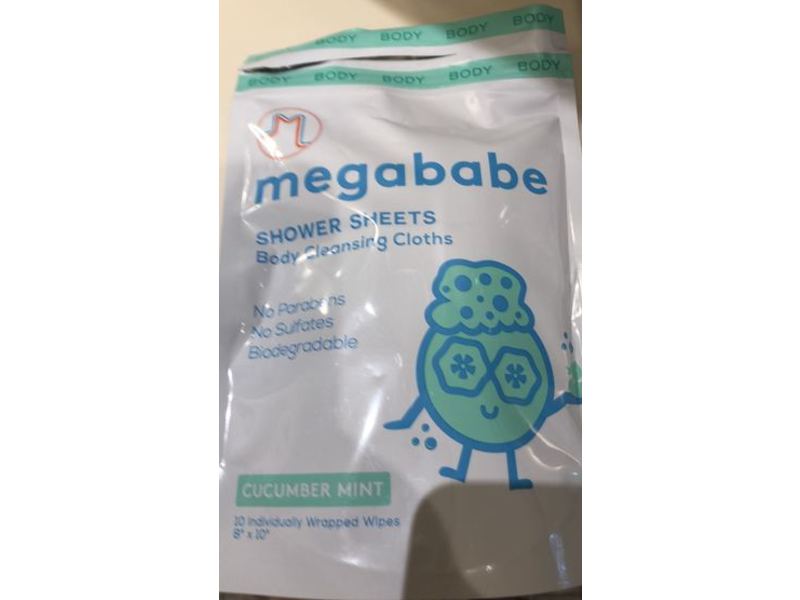 Megababe Shower Sheet Body Cleansing Cloths, Cucumber, Mint, 10 Counts