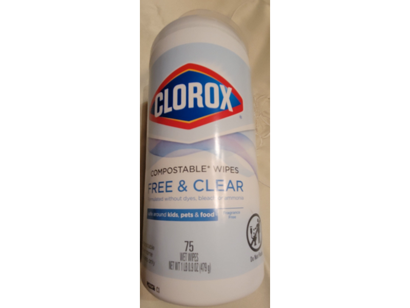 Clorox Compostable Wipes, Free Clear, Fragrance Free, 75 Wipes, 0.9 oz/479 g, Pack Of 3