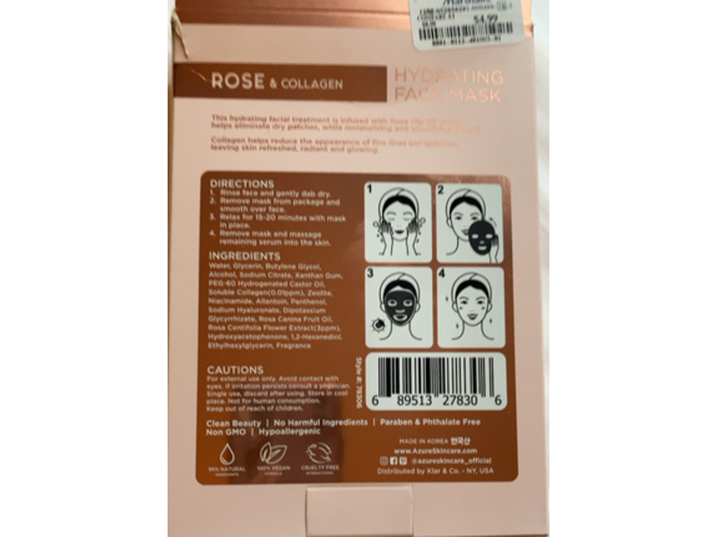 Azure Hydrating Facial Mask, Rose & Collagen, 3.7 oz/105 g, 5 Count